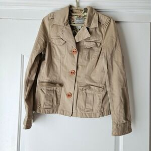 Vtg Y2K Old Navy Jacket Womens Small Tan Khaki Floral Utility Spring Canvas
